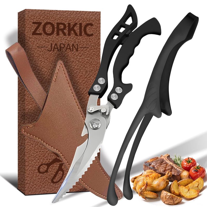 Heavy Duty Professional Poultry Shears - Stainless Steel Kitchen Meat Scissors with Sheath, Dishwasher Safe Spring Loaded Utility Shears for Cooking, Butchering, Cutting Black&tongs&sheath Scissors set