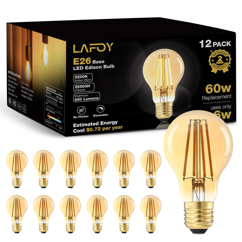 Lafoy A19 Amber 2200K Soft Warm E26 Light Bulbs, Dimmable Vintage LED Edison Bulbs 60 Watt Equivalent, 550 Lumen Medium Base Lightbulbs, Antique Old-Fashioned Style 60W Replacement, 120V 12 Pack 2200k Amber Warm 12 Count(Pack of 1)