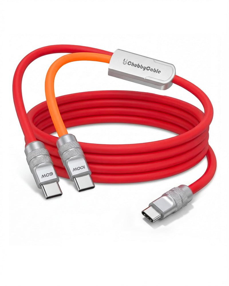 chubbycable Duo-Flex 100W & 60W 2-in-1 Fast Charging & Data Transfer Cable with Soft Silicone USB C Multi Charging Cable for iPhone 17 Series iPad Galaxy Series, Red+Orange