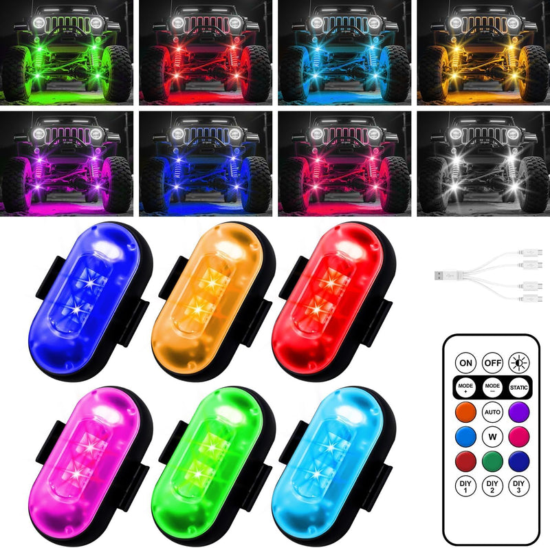 Wireless LED Lights for Car, Wireless Rock Lights with 8 Colors 10 Modes,Led Strobe Warning Light, Motorcycles, Boats, Camping, Bikes, Drones，Design in USA(6pcs Black) 6pcs Black