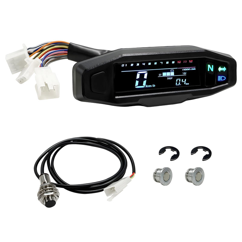 JINXl Motorcycle Speedometer, 6 Gear 12000 RPM Digital Speed Gauge with Mini LCD Screen, Waterproof Gauge Cluster Tachometer Odometer Oil Level Meter for Small Engine Motorcycles