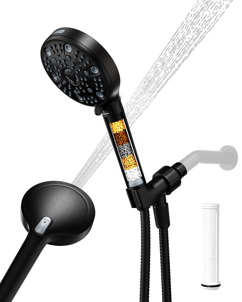 Filtered Handheld Shower Head for Hard Water, High Pressure Showerhead with 7 Spray Modes, Power Jet & Pause, Detachable & Adjustable for Healthier Skin & Hair - Matte Black (VMASSTONE HM-003)