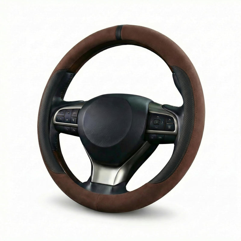 Suede & Napa Leather Steering Wheel Cover for Men Women, Universal Fit 14.5" to 15", Sweat-Absorbent Breathable Auto Protector for Summer & Winter Driving, Odorless Car Accessories(Coffee) Brown