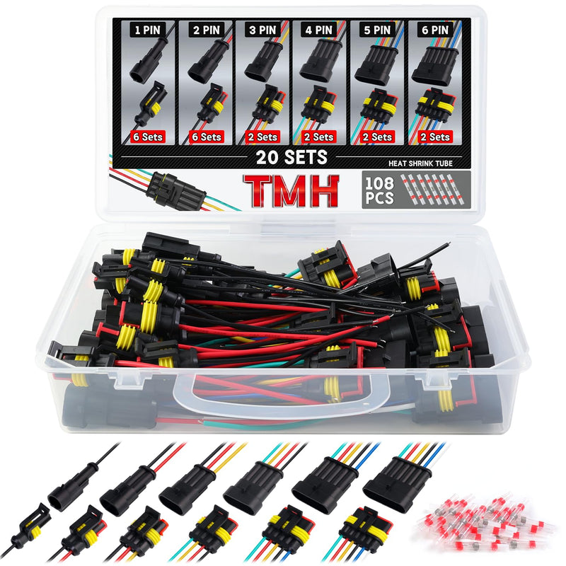 TMH 1/2/3/4/5/6 Pin Wire Connector 22 AWG Waterproof Electrical Male and Female, 10 cm. Wire Connectors 1-6 Way with Heat Shrink Tubing for Car Truck Boat Wire Connection (40PCS) 1/2/3/4/5/6 Pin - 40PCS