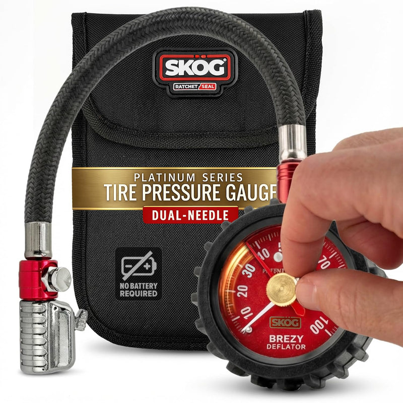 SKÖG Dual-Needle Tire Pressure Gauge 100 PSI | Leak-Free RatchetSeal Patented Quick-Connect | Cars, Trucks, Motorcycles, Bicycles | Battery Free Locking Chuck Tire Gauge 1 Pack