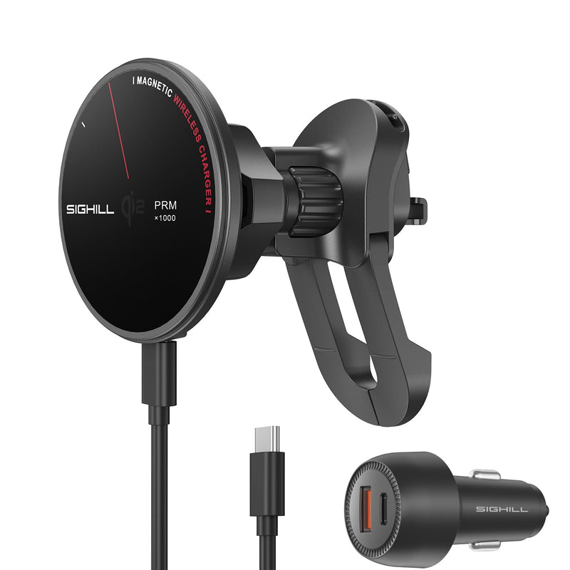 SIGHIL GX Slim Magnetic Car Mount Charger, Qi2 15W Certified Wireless Car Charger, Strong Magnets and Secure Hook, Air Vent Mount for iPhone 17-12 Series (with 2-Port 48W Adapter)