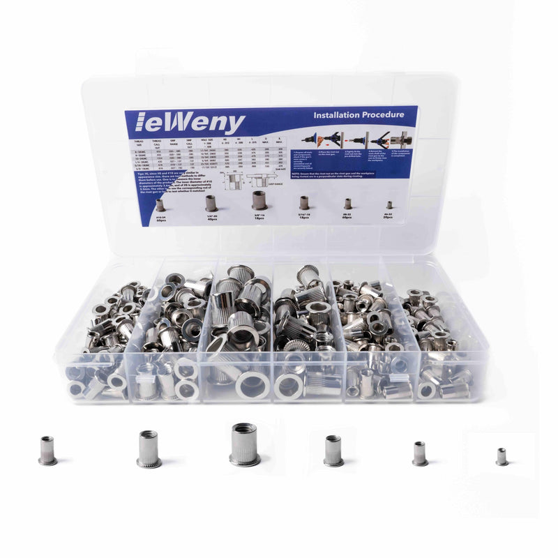 Stainless Steel Rivet Nut Assortment Kit(216Pcs), 1/4"-20, 3/8"-16, 5/16"-18, #10-24, #8-32, #6-32UNC SAE Rivnuts Set, Threaded Inserts for Sheet Metal, Automative and Out Door Solar Panel Silver SAE -216pcs