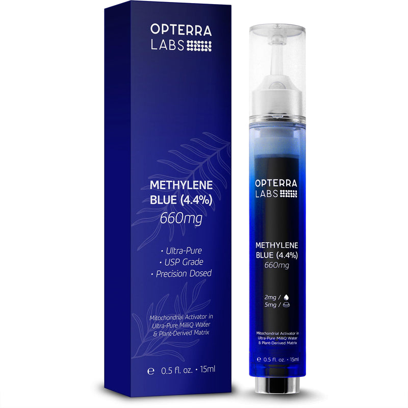 Methylene Blue Drops Pharmaceutical Grade - 4.4% USP Blue Methylene Pharmaceutical Grade | Alcohol & Formaldehyde-Free Cellular Support Formula | Made Vegan & Keto-Friendly | 15ml | OPTERRA LABS