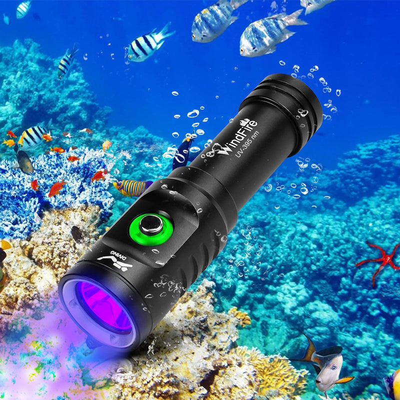 WINDFIRE Dive Light, 395 nm UV Scuba Flashlight, Waterproof Black Light Flashlight with Power Indicator for Scuba Diving, Underwater Fluorescence & Pet Urine Detection TS08_Purple Light
