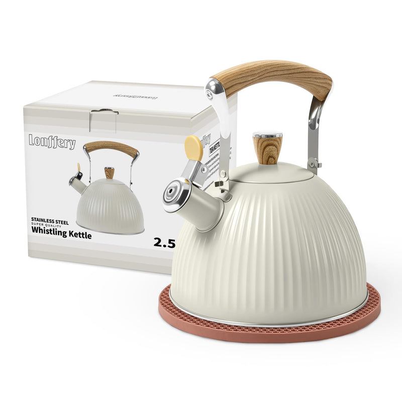 LONFFERY Tea Kettle for Stove Top, 2.5 Quart Whistling Tea Kettle, Stainless Steel and Wood Pattern Folding Handle, Creamy White
