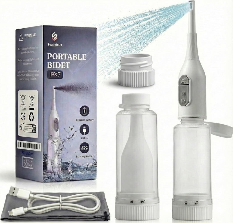 Portable Bidet Sprayer with 360° Nozzle | USB-C Rechargeable Bidet Comes with 205 ml Water Bottle & Dual Modes | Waterproof Handheld Electric Travel Bidet for Women, Men, Babies & Personal Hygiene