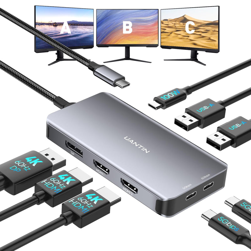 UANTIN USB C Docking Station Dual Monitor, Laptop Docking Station 3 Monitor | 8 in 1 USBC Hub Triple Display USB C Adapter to 4K@60Hz Dual HDMI, DP, 2 USBA & USBC, 100W PD, for Dell,HP 11.8inch
