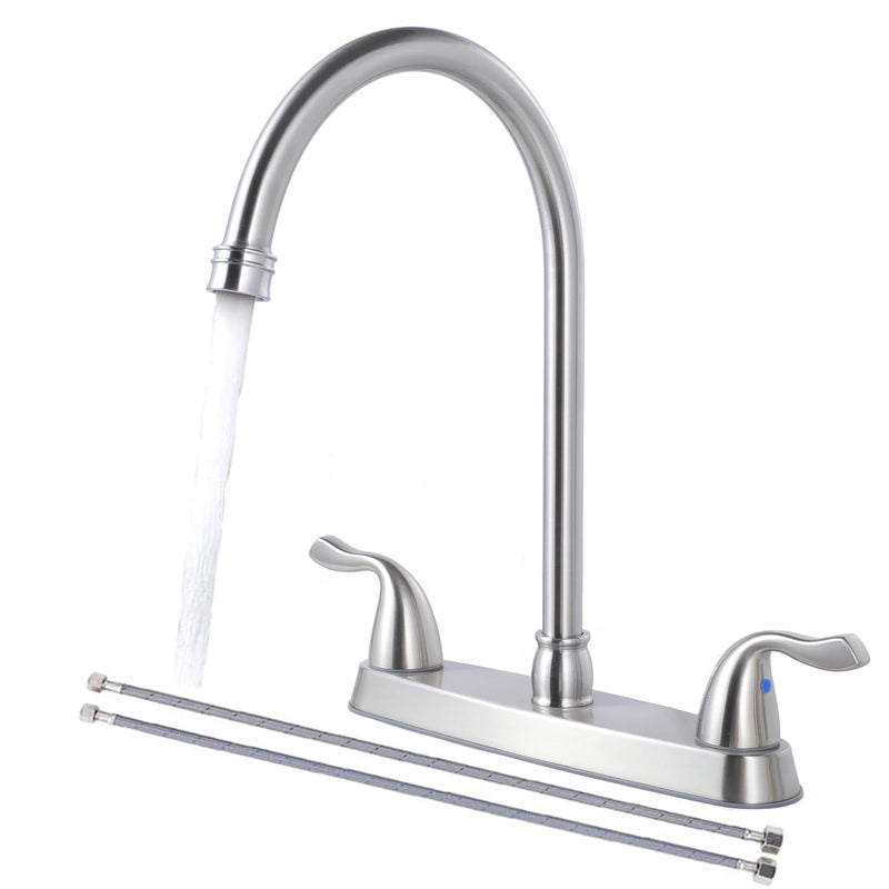 SHACO Kitchen Faucets, 13 Inch High Arc 2 Handle 8 Inch Centerset Kitchen Sink Faucet with Supply Line, 360° Rotating Spout 2 or 3 Hole Mount, Brushed Nickel, SC-KF200 Stainless Steel without Side Sprayer
