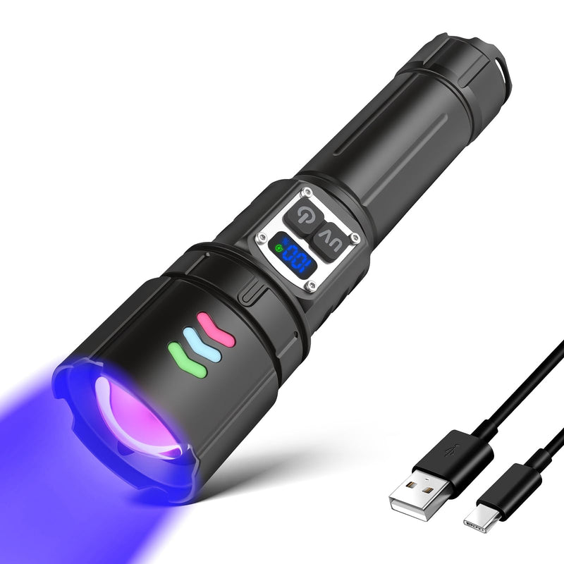 365nm UV Flashlight Black Light, Rechargeable 2-in-1 White and Ultraviolet Light Combo, Zoomable LCD Display UV Light for Pet Urine Detection, Resin, Rocks, Scorpion, AC Leak, Camping, Emergencies
