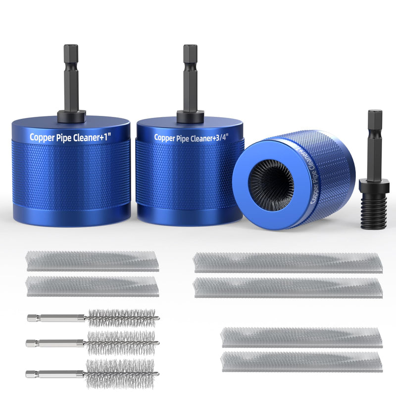 1/2",3/4" & 1" Copper Pipe Cleaner Kit for Drill,6 Brush Blades(3 pre-Installed + 3 backups) & 3Pcs ID Wire Bore Brush for Drill,Plumbing Tools for Plumber,Battery Terminal Brush for Battery Posts
