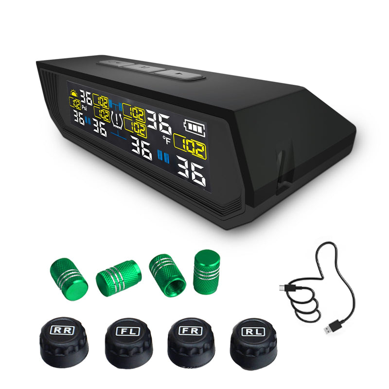 Tire Pressure Monitoring System TPMS, Solar Charge Tire Pressure Monitor with 4 External Sensors & 6 Alarm Modes, 0-99 PSI, Real-time Wireless TPMS for Car Sedan SUV Pickup - with 4 Tire Valve Caps 4 Sensors