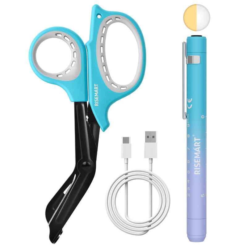 RISEMART Rechargeable Pen Light for Nurses with Trauma Shear, Nurse Scissors and Pen Light Set, 7.5" Medical Scissor and 2 LED Sources Penlight, Nursing Student Essentials (Blue+Blue) Blue+Blue