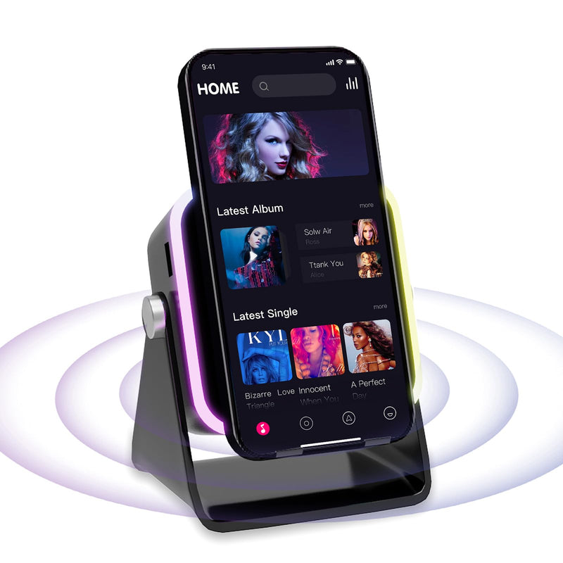 Wireless Induction Speaker 5-in-1 Bluetooth Speaker with Phone Holder, Surround Sound, 3500mAh, 8 RGB Ambient Lights, 360° Adjustable Stand, Holder for iPhone/Android/iPad Gifts for Men Women (Black) Black