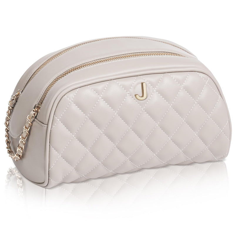 COSHAYSOO Fashion Thanksgiving Thank You House Warming Gifts for Hostess Women, Large Capacity Quilted Leather Makeup Bag Travel Beauty Cosmetics Skin Care Toiletry Organizer Taupe Monogram Letter J