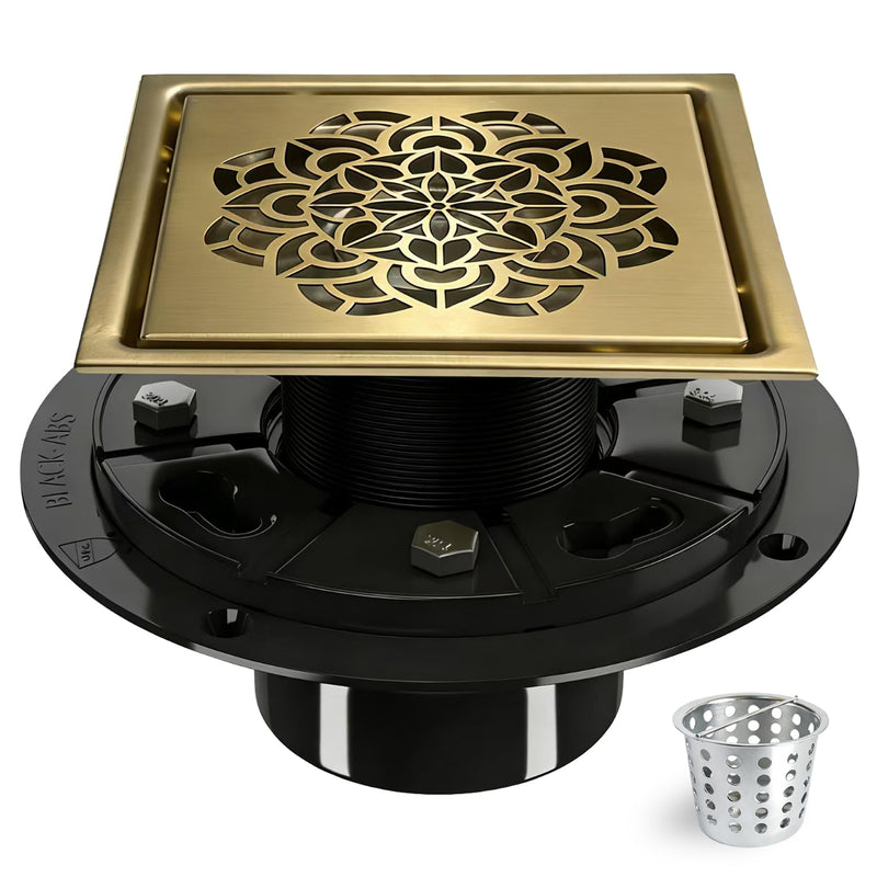 6 Inch Shower Drain, Square Shower Floor Drain Kit with Flange and Removable Cover Grate, AISI 304 Stainless Steel, Brushed Gold 6 inches