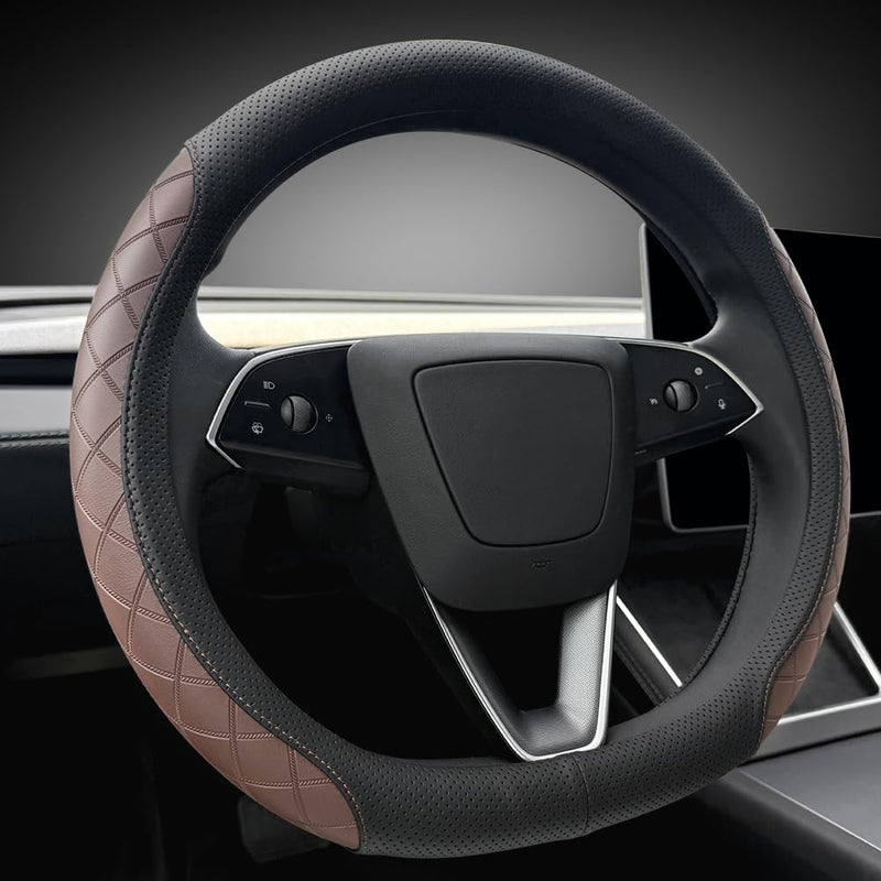 LKWLIKEI Leather Steering Wheel Cover. Elegant Diamond Checkered Design, Non-Slip and Breathable, for Tesla Model 3/Y Steering Wheel Protector,Black Brown Black Brown