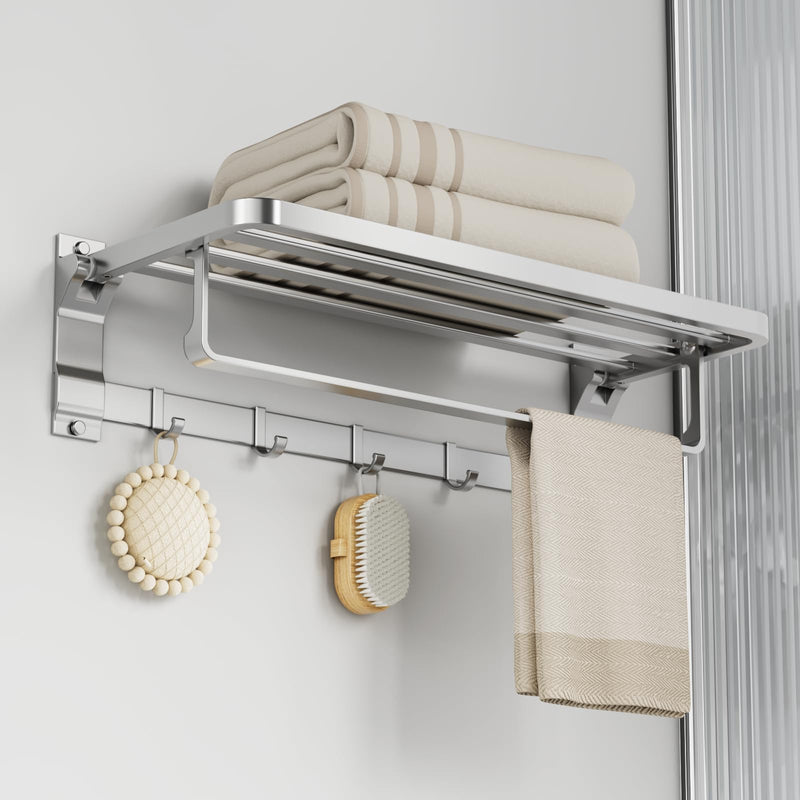 Foldable Wall Mounted Towel Rack, 23 Inch Rustproof Aluminum Towel Shelf with Bar & 5 Hooks, Space Saving Bathroom Organizer, Silver Matte Silvery