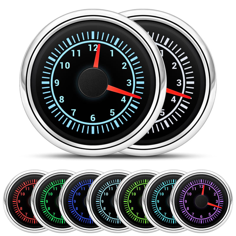 ARTILAURA 2" 52mm Clock Gauge 7 Color Waterproof 0-12 Hours Clock Meter Gauge for Car Boat (Black & Silver) Black & Silver