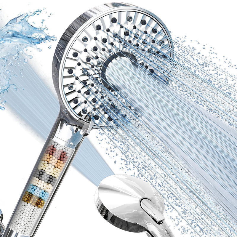 Magichome Filtered Shower Head with Handheld, High Pressure 10-Spd Detachable Chrome Showerhead with Stainless Hose, Water Softener Filter Beads for Hard Water - Remove Chlorine, Reduce Dry Itchy Skin Silver