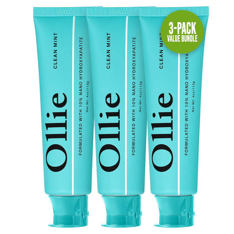 Ollie Clean Mint Nano Hydroxyapatite Toothpaste for Teeth Whitening, 10% Hydroxyapatite Formula, (Pack of 3, 4oz) 4 Ounce (Pack of 3)