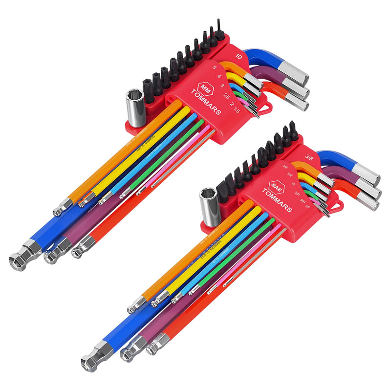 TOMMARS 40-PC Magnetic Ball End Allen Wrenches Set,Color Coded and Extra Long Arm Hex Key Set SAE(1/16''-3/8") Metric(1.5mm-10mm) With Screwdriver Bit Set and Adapter 18-PC Metric & SAE