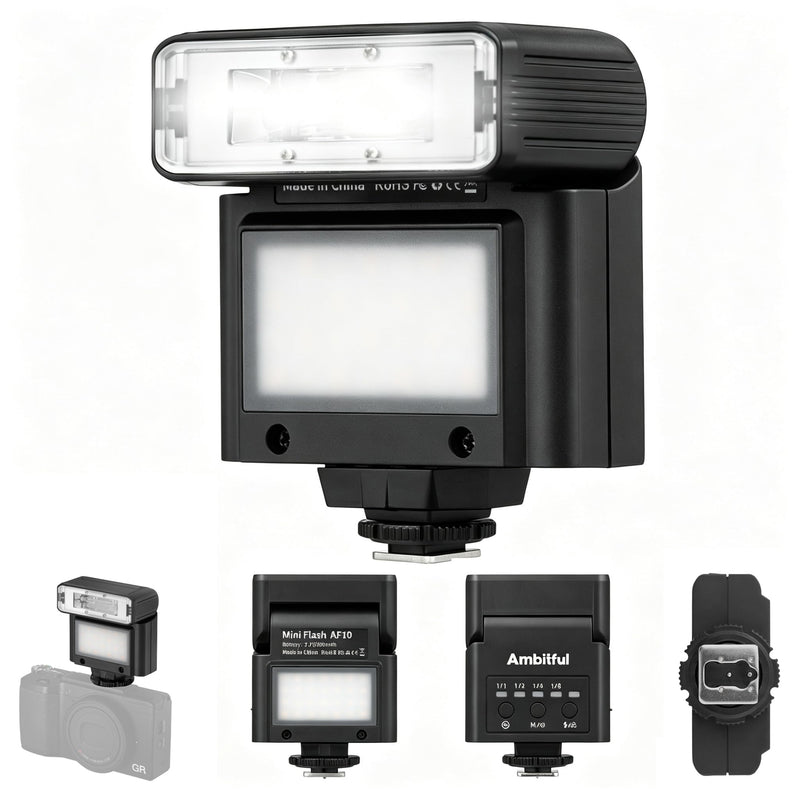 Ambitful AF10 Mini Camera Flash, Rechargeable Manual Speedlite | 90 tilt head, LED continuous light, USB-C charging, single-contact hot shoe for Sony Canon Nikon Fuji Ricoh