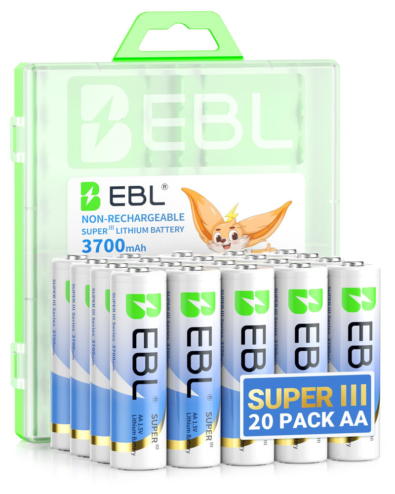 EBL 3700mAh AA Lithium Batteries, 20 Pack 1.5V Longest-Lasting Non-Rechargeable, Upgraded Super Ⅲ Lithium AA Batteries for Blink Camera