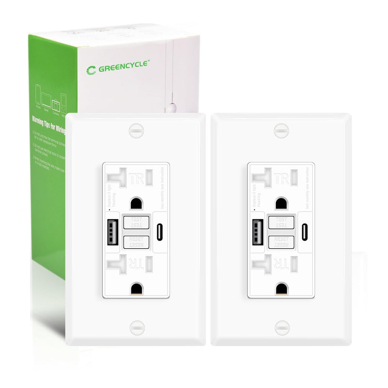 Greencycle 20 Amp GFCI Outlet with USB C & USB A Ports, 2PK Self Test GFCI Electrical Outlet Combination with USB,with LED Indicator,Residential & Commercial Grade, Includes Wall Plate & Screws, White 20A GFCI USB C 2