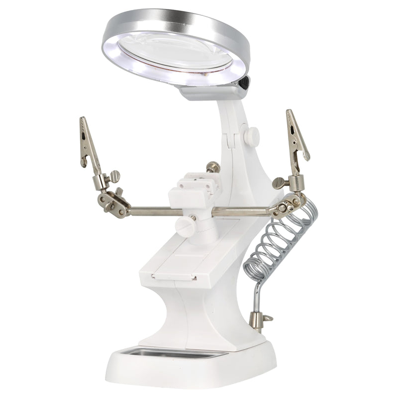 The Beadsmith Third Hand Magnifier – 3.0X Lens w/ 4.5X Inset Lens, 10 LED Lights, Fully Adjustable, Includes Alligator Clips, Tool Holder, & Removable Metal Tray