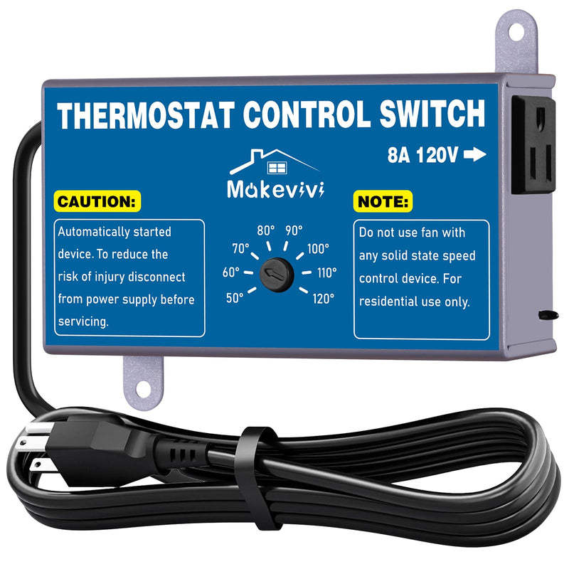 Attic Thermostat, Adjustable Temperature Controller for Attic Fan, with Overload Protection and Outlet, Plug-and-Play Exhaust Fan Thermostat for Greenhouse, Workshop, Garage 1 pack