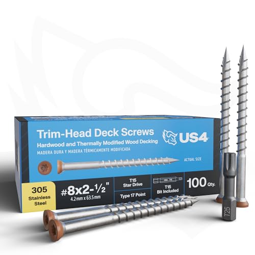 US4 - #8 x 2-1/2" - Tropical Timber Brown Wood Screws | 305 Stainless Steel | Trim Head T15 Star Drive | Rust & Corrosion-Resistant | Outdoor Decking Screws (100, #8x2.5-2.5Inches) 100 #8 x 2-1/2"