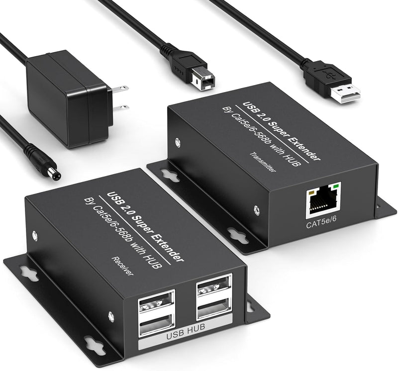 USB Extender Over Ethernet USB 2.0 HUB RJ45 Cat5e/6, 196ft/60m, up to 480Mbps Transfer Rate No Driver Required Supports POC Power Supply, Supports Connecting Keyboard Mouse U Disk Printer etc. Black