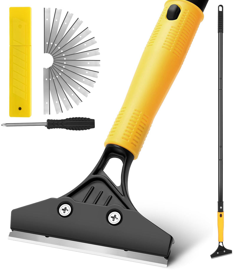 Floor Scraper Heavy Duty with Long Handle, 4 Inch Razor Blade Floor Scraper with 10PCS Extra Metal Blades,Paint Scrapers for Cleaning Wall Glass Tile Floor Paint Gum Stains Stickers Linoleum Yellow