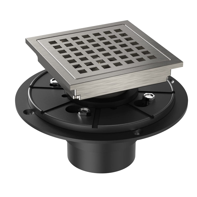4 Inch Square Shower Floor Drain, Brushed Nickel High Flow Shower Drain Kit with Flange with Hair Filter, Removable Grate Cover, Stainless Steel, Abs Fixing Tray, CUPC Certified(Brushed Nickel) 4"