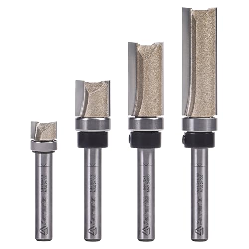 4 Pcs Top Bearing Flush Trim Router Bits 1/4" Shank, Cut Length:1/4", 1/2", 1", 1-1/2", Useful for Template/Pattern Routing of Parts, Joints, Internal Cuts 4 Bits Set - 1/4" Shank