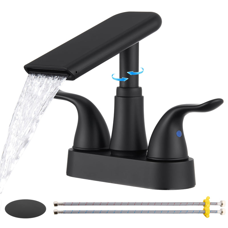 Matte Black Bathroom Faucet 4 Inch Centerset, Waterfall Plastic Bathroom Sink Faucet with Pop Up Drain, Dual Handle, 360° Swivel Spout, Fits 2 or 3 Hole Lavatory Sink, Modern Design, Non-Metallic 1 Pack Matte Black
