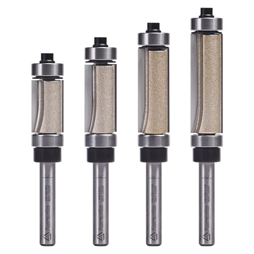 4 Pcs Top and Bottom Bearing Flush Trim Router Bits 1/4" Shank, Cut Length:3/4" , 1", 1-1/4", 1-1/2" , Useful for Laminate Work or Template and Pattern Work 1/2" Diameter 1/2" Dia. - 4 Pcs Set - 1/4" Shank