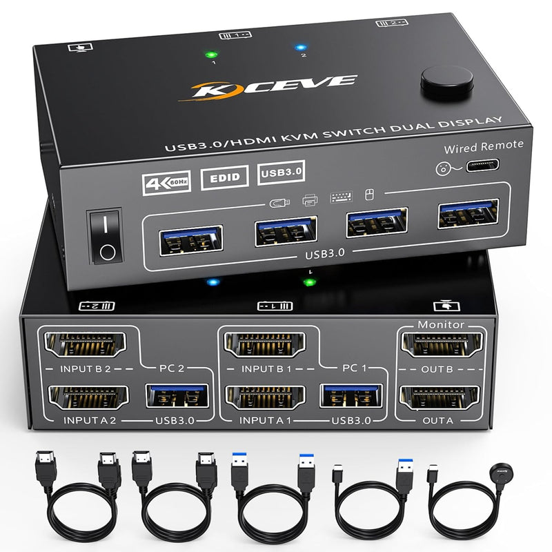 8 Port HDMI KVM Switch 4K@30Hz, 8 in 1 Out USB 2.0 KVM Switches for 8 Computers Share 1 Monitor and 4 USB Devices, 8 Port KVM Switch with Wired Remote and 8 USB Cables HDMI KVM Switch 2 Monitors