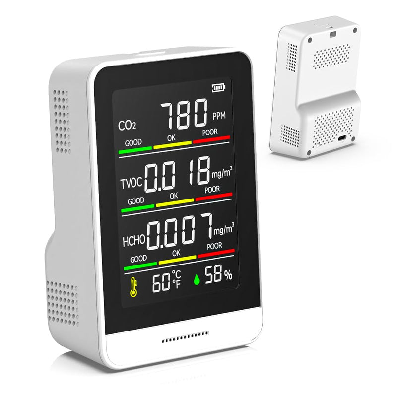 Indoor Air Quality Monitor, 5 in 1 Portable Real-Time Smart Air Quality Tester with CO2, HCHO, TVOC, Temperature, Humidity for Home, Office, Car, Hotel (White) White