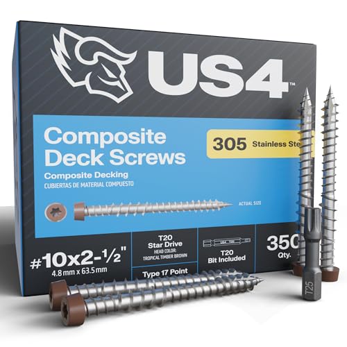 US4 - #10 x 2-1/2" Brown Stainless Steel Composite Deck Screws | T20 Star Drive | Self-Drilling Screws for Decking, Flooring & Siding | 305 Stainless Steel (350, #10 x 2.5 Inches) 350 #10 x 2-1/2"