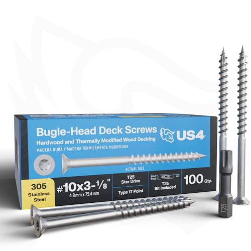 US4 - #10 x 3-1/8" Flat Head Screws Stainless Steel | Stainless Steel Wood Screws | T25 Star Drive | Self-Drilling Screws for Framing, Subflooring & Decking | 305 SS (100, #10 x 3.125 Inches) 100 #10 x 3-1/8"