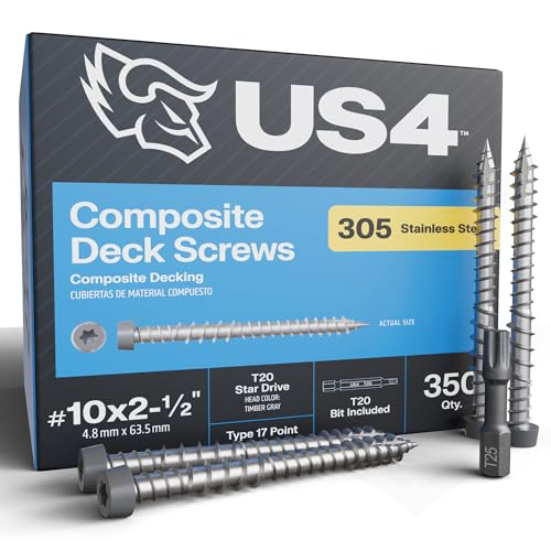 US4 - #10 x 2-1/2" Gray Stainless Steel Composite Deck Screws | T20 Star Drive | Self-Drilling Screws for Decking, Flooring & Siding | 305 Stainless Steel (350, #10 x 2.5 Inches) 350 #10 x 2-1/2"