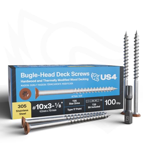 US4 - #10 x 3-1/8" Cedar Flat Head Screws Stainless Steel | Stainless Steel Wood Screws | T25 Star Drive | Self-Drilling Screws for Framing, Subflooring & Decking | 305 SS (100, #10 x 3.125 Inches) 100 #10 x 3-1/8"
