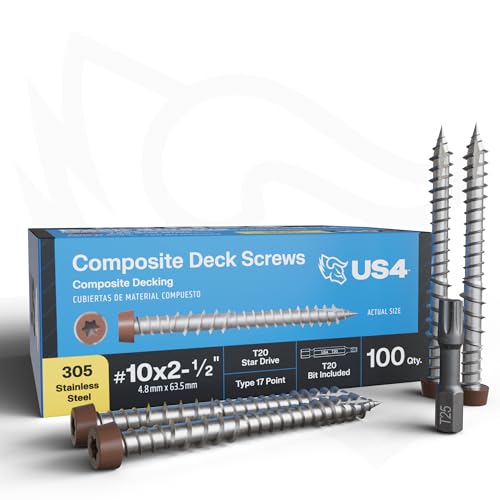 US4 - #10 x 2-1/2" Brown Stainless Steel Composite Deck Screws | T20 Star Drive | Self-Drilling Screws for Decking, Flooring & Siding | 305 Stainless Steel (100, #10 x 2.5 Inches) 100 #10 x 2-1/2"