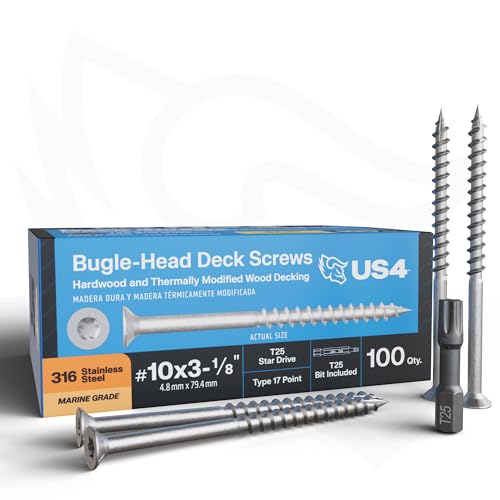US4 - #10 x 3-1/8" Flat Head Screws Stainless Steel | Stainless Steel Wood Screws | T25 Star Drive | Self-Drilling Screws for Framing, Subflooring & Decking | 316 SS (100, #10 x 3.125 Inches) 100 #10 x 3-1/8"
